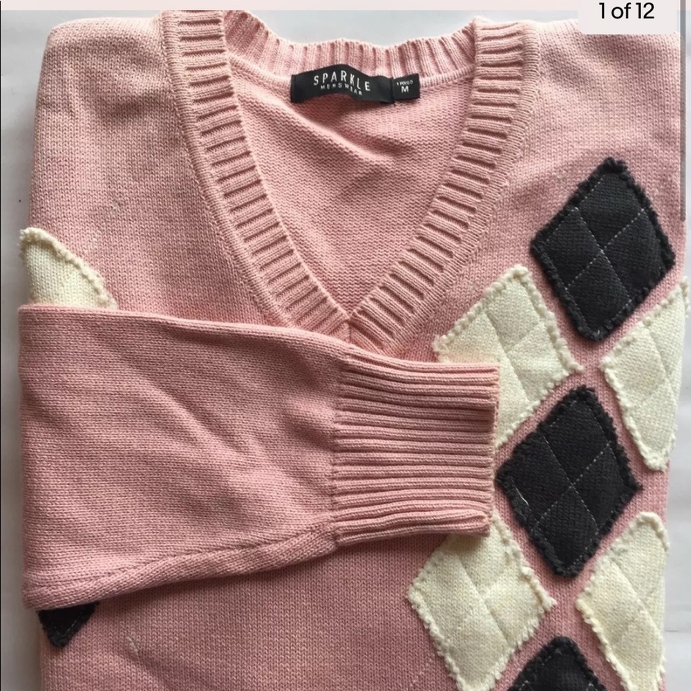 Sparkle Menswear Sweater Argyle Patches Medium Pink cotton blend V-neck